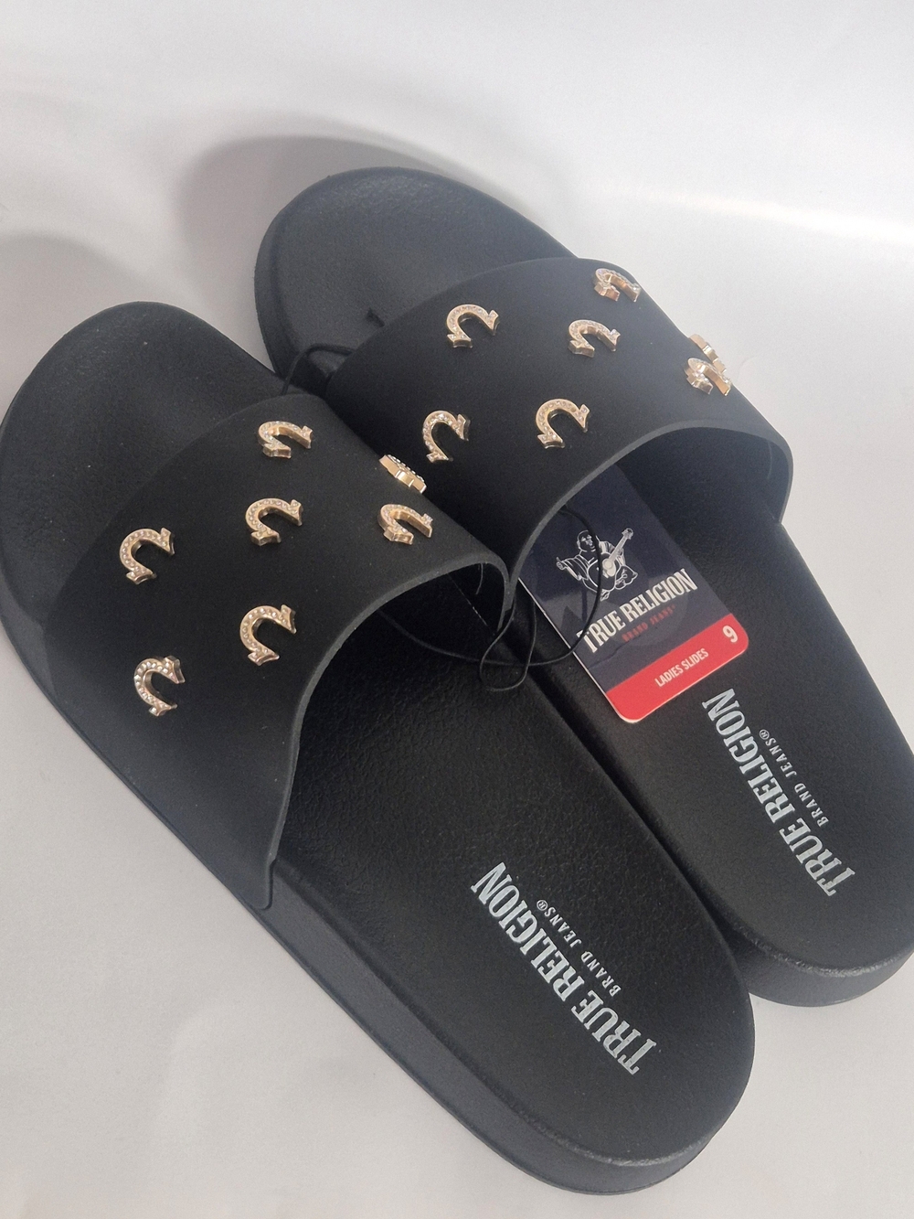 True Religion Women's Black Slide Sandals with Gold Studs 9